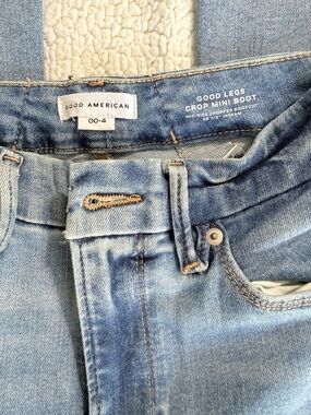 Good American Light Blue Crop Mini Boot Jeans